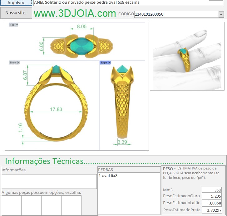 ANEL Solitario ou noivado peixe pedra oval 6x8 escama 1140191200050 FICHA