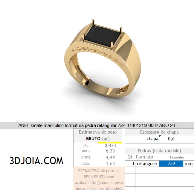 ANEL sinete masculino formatura pedra retangular 7x9 1140131500002 FICHA