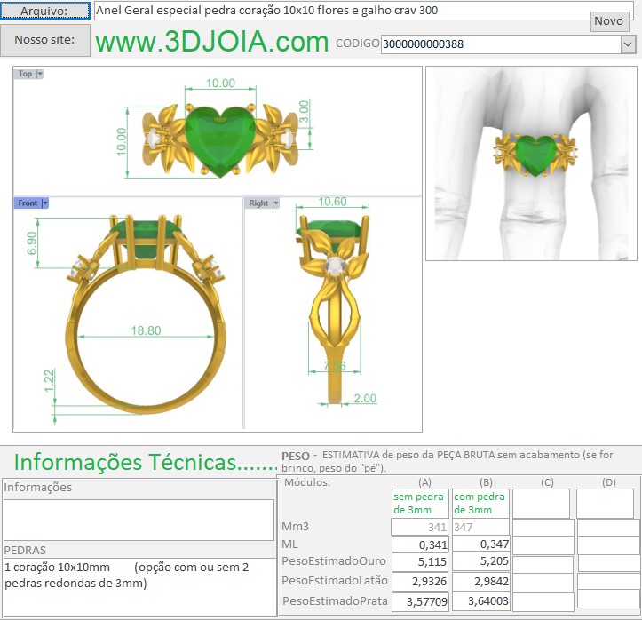 Anel Geral especial pedra coração 10x10 flores e galho crav 300 3000000000388 FICHA branco
