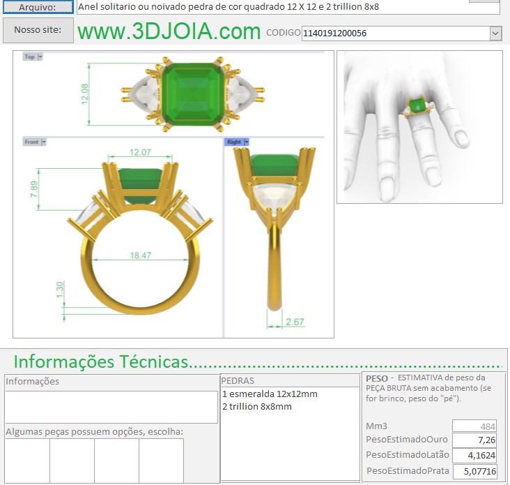 Anel solitario ou noivado pedra de cor quadrado 12 X 12 e 2 trillion 8x8 1140191200056 FICHA