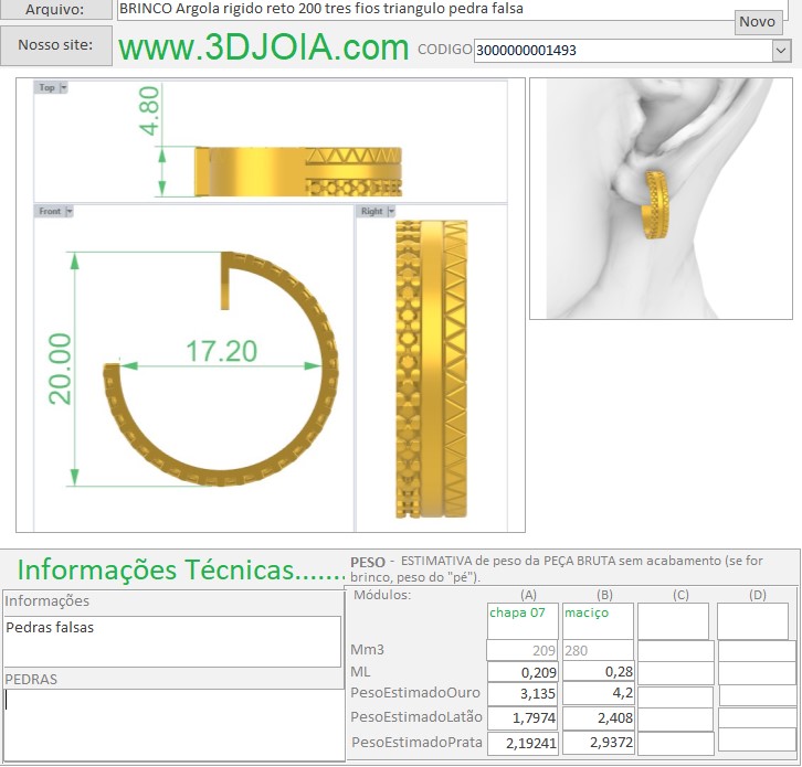 BRINCO Argola rigido reto 200 tres fios triangulo pedra falsa 3000000001493 ficha azul