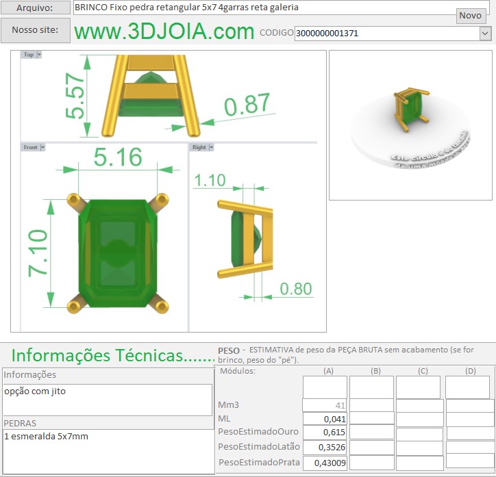 BRINCO Fixo pedra retangular 5x7 4garras reta galeria 3000000001371 ficha lilas