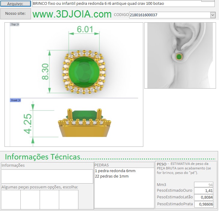 BRINCO fixo ou infantil pedra redonda 6 r6 antique quad crav 100 botao 2180161600037 FICHA