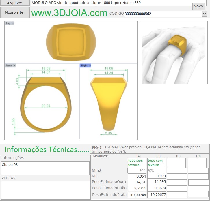 MODULO ARO sinete quadrado antique 1800 topo rebaixo 559 3000000000562 ficha cinza