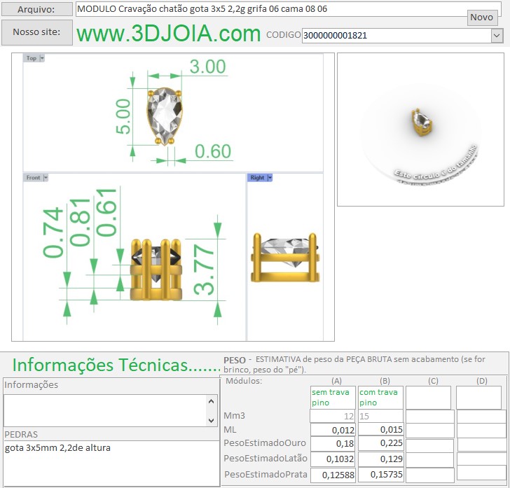 MODULO Cravação chatão gota 3x5 2,2g grifa 06 cama 08 06 3000000001821 ficha marrom