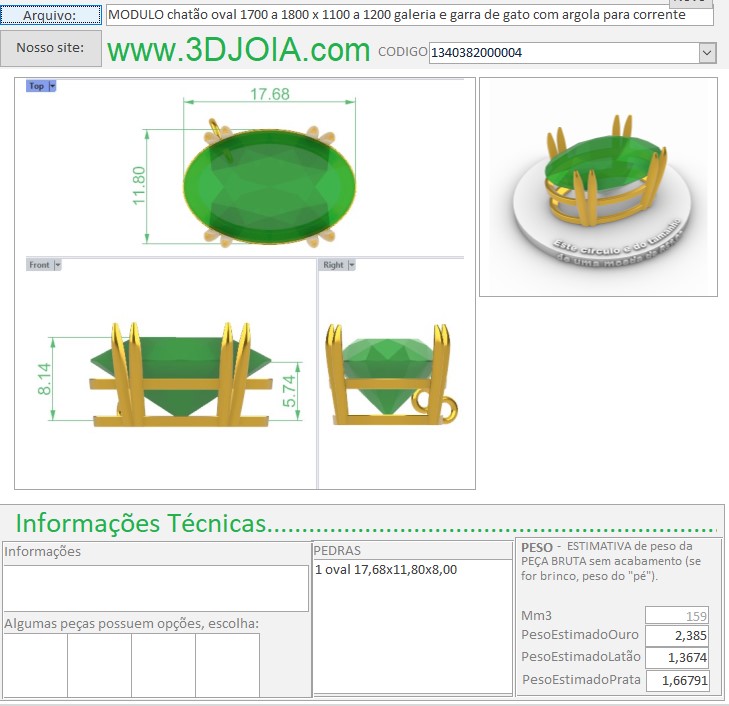 MODULO chatão oval 1700 a 1800 x 1100 a 1200 galeria e garra de gato com argola para corrente ficha