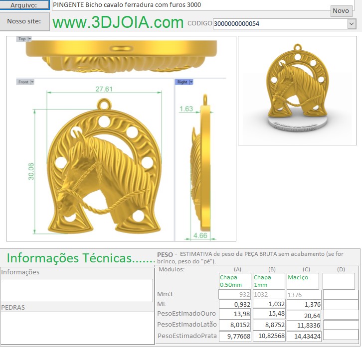 PINGENTE Bicho cavalo ferradura com furos 3000 3000000000054 FICHA