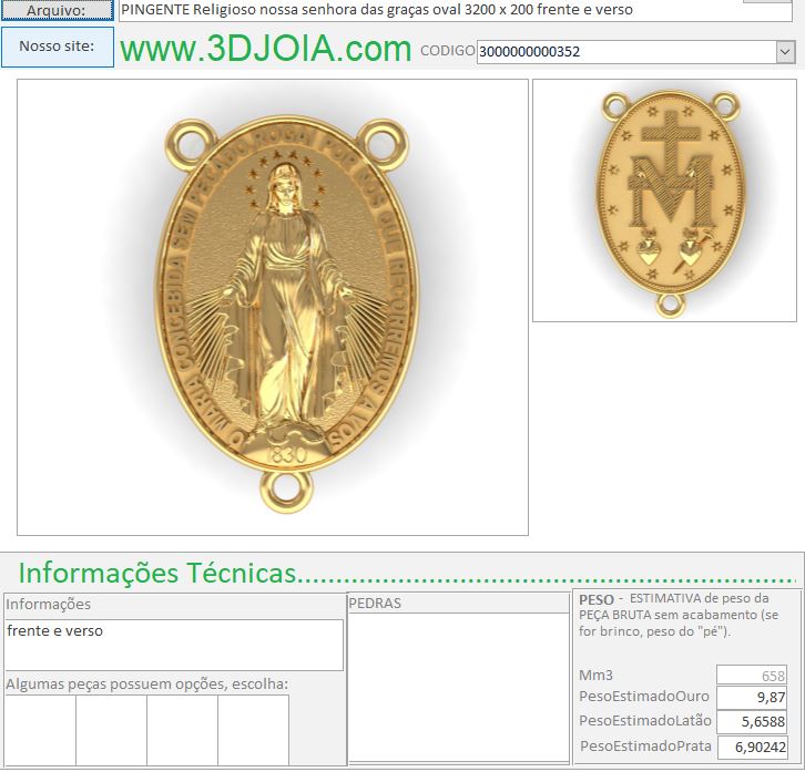 PINGENTE Religioso nossa senhora das graças oval 3200 x 200 frente e verso 3000000000352 ficha verde