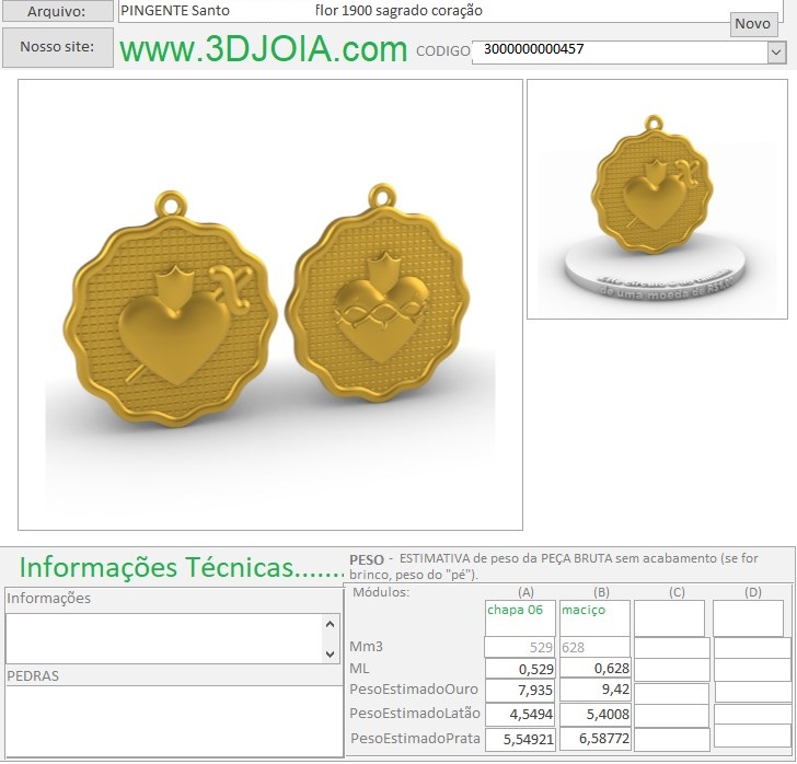 PINGENTE Santo flor 1900 sagrado coração 3000000000456 ficha verde