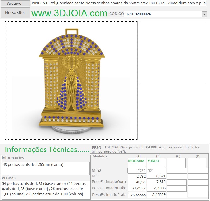 PINGENTE religiosidade santo Nossa senhoa aparecida 55mm crav 180 150 e 120moldura arco e pilares 1670192000026 FICHA