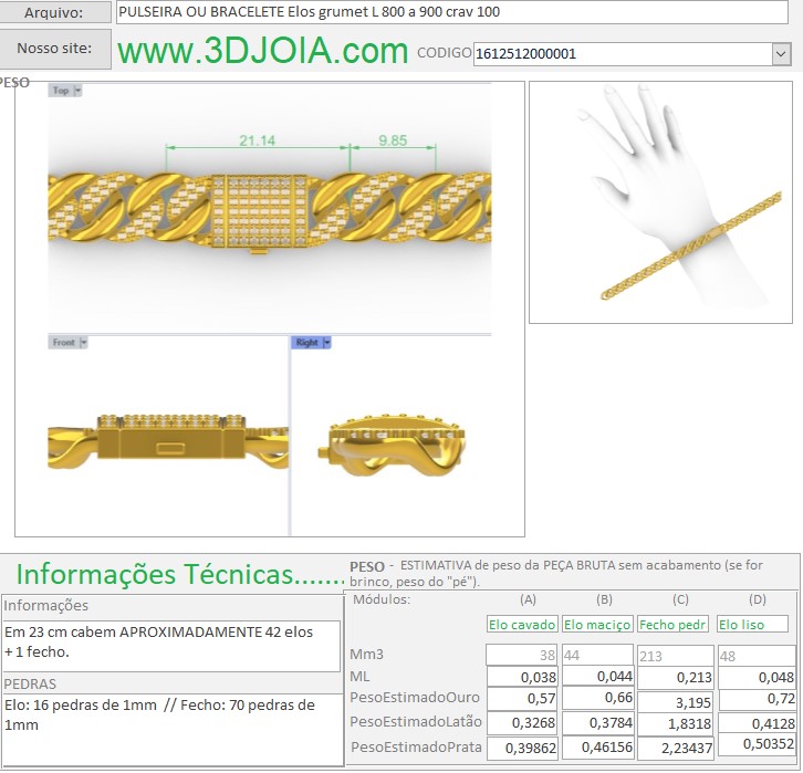 PULSEIRA OU BRACELETE Elos grumet L 800 a 900 crav 100 1612512000001 FICHA