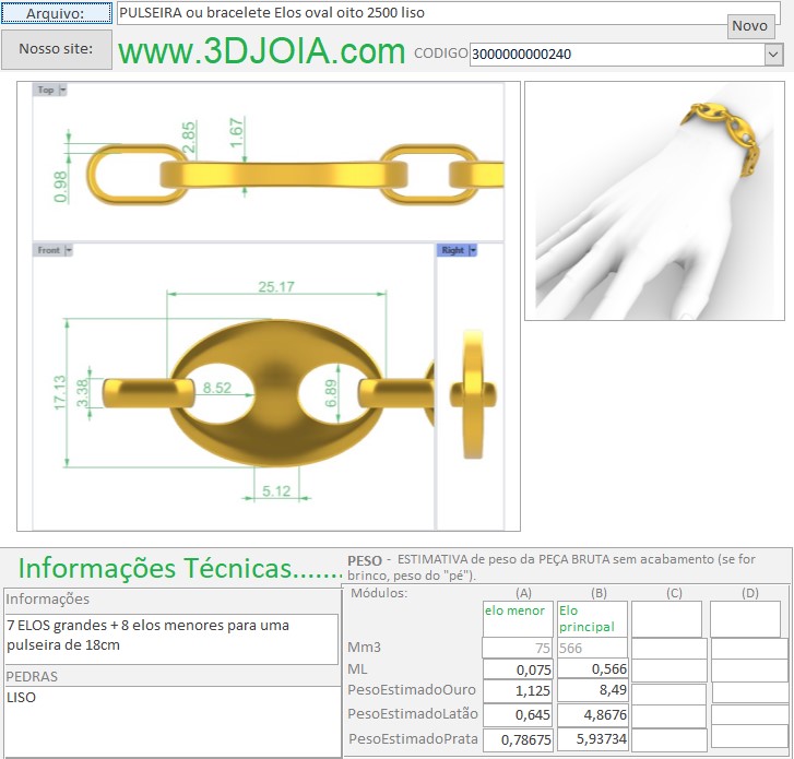 PULSEIRA ou bracelete Elos oval oito 2500 liso 3000000000240 FICHA azul