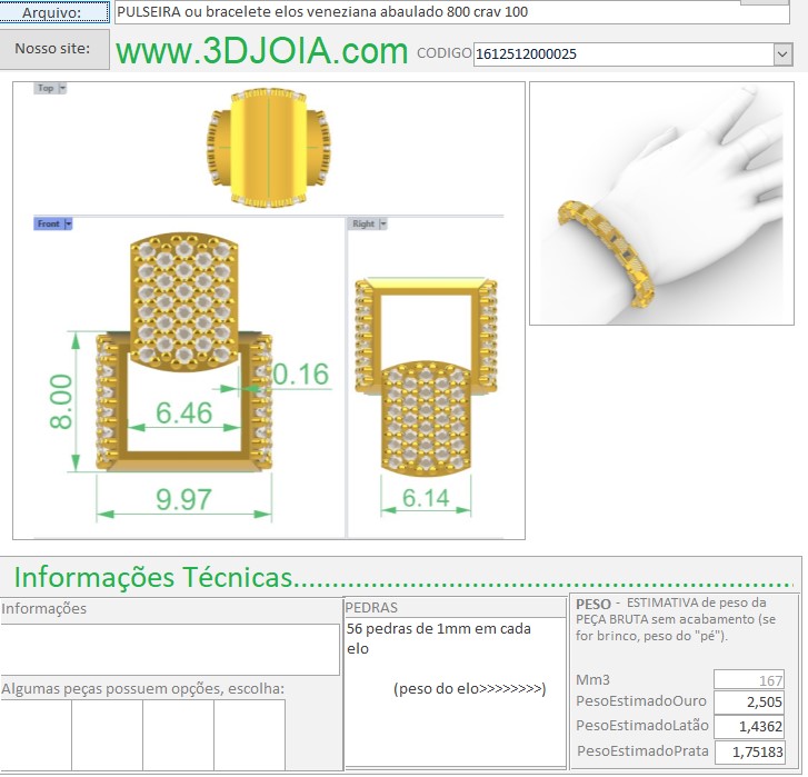 PULSEIRA ou bracelete elos veneziana 1612512000025 abaulado 800 crav 100 ficha