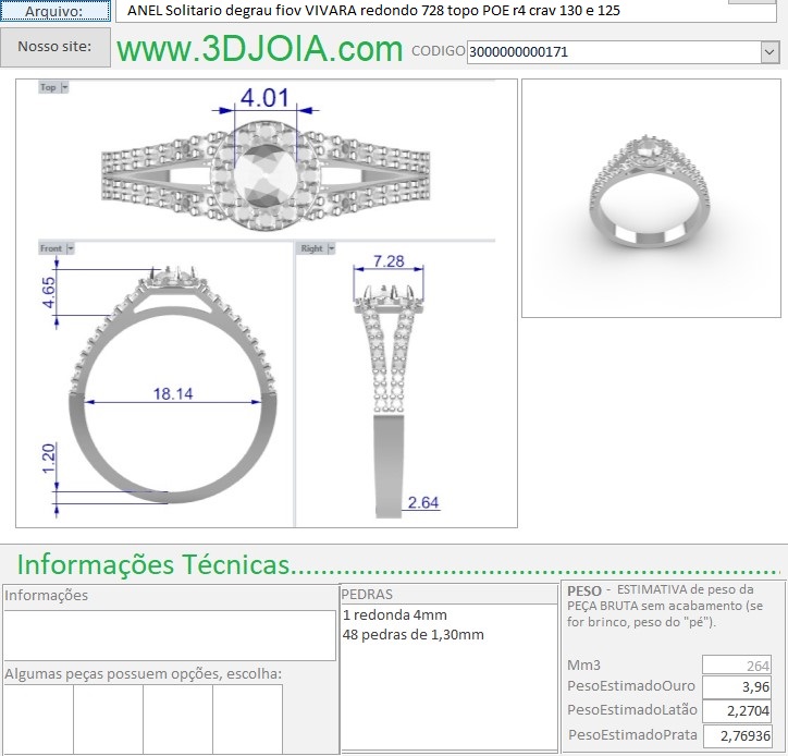 ANEL Solitario degrau redondo 728 topo POE r4 VVR crav 130 3000000000171 FICHA azul