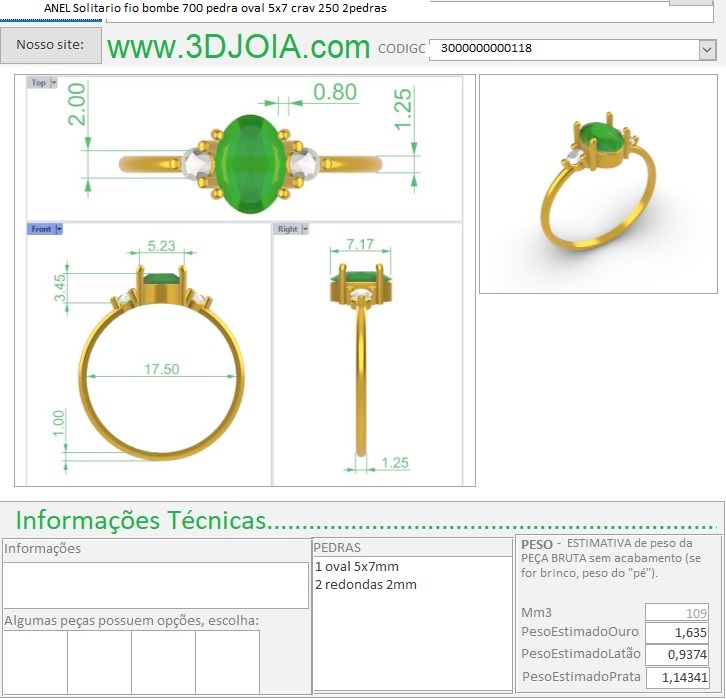 ANEL Solitario fio bombe 700 pedra oval 5x7 crav 250 2pedras 3000000000118 ficha lilas