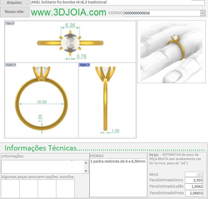 ANEL Solitario fio bombe redondo r6 r6,3 tradicional 3000000000658 ficha azul