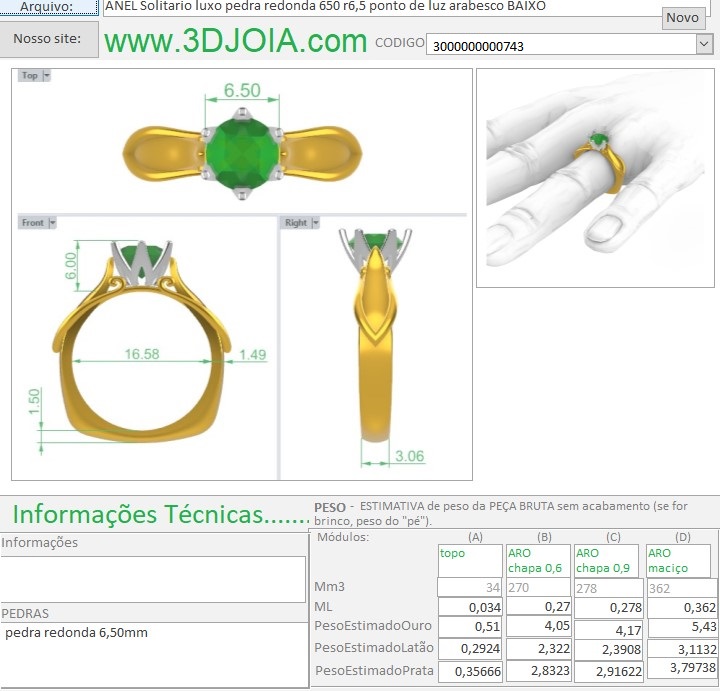 ANEL Solitario luxo pedra redonda 650 r6,5 ponto de luz arabesco BAIXO 3000000000743 FICHA cinza