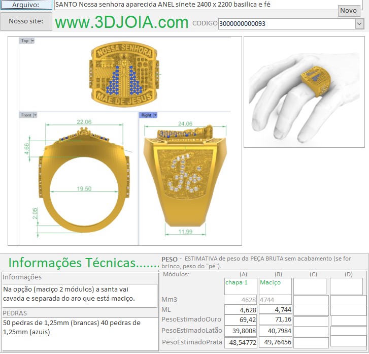 SANTO Nossa senhora aparecida ANEL sinete 2400 basilica e fé 3000000000093 aro 21,5 FICHA roxo